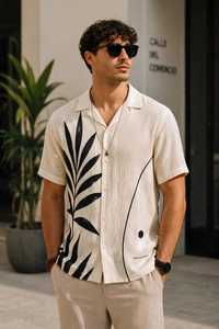 Camisa Casual para Hombre, Corte Holgado, Manga Corta, Cuello Camisero, Botones, Tela Espigada 100% Poliéster, Estampado de Hojas Negras - Product Image 5
