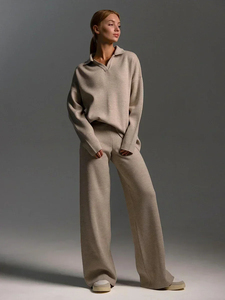 Conjunto de 2 Piezas Tejido para Mujer, Blanco, Manga Larga, Corte Holgado, Sudadera con Cuello Camisero y Pantalones Anchos, Estilo para Todas las Temporadas - Product Image 5