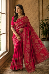 Sari traditionnel en Georgette Bandhej, bordure élégante avec travail de miroirs, tenue de mariage indienne, sari de créateur avec broderie lourde, vente en gros - Product Image 3