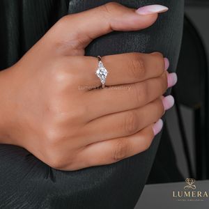 Lab Grown Diamond Three Stone Engagement <b>Ring</b>, Side Pear Stone Solid <b>Plain</b> Band Open Basket Setting Minimalist Daily Wear <b>Ring</b> - Product Image 1