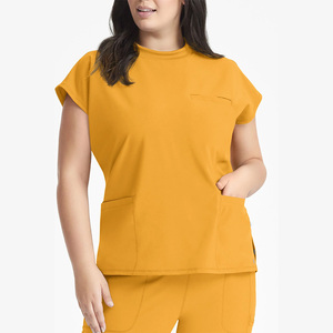 Blouse d'hôpital en coton et polyester tricoté jaune moutarde pour femme avec poches - Product Image 1
