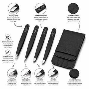 MJW CE ISO 13485 Ensemble de pinces à épiler noires en acier inoxydable, outils de beauté de précision pour l'épilation - Product Image 4