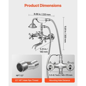 Rubinetto Vintage in Nichel Spazzolato per Vasca con Piedini, Miscelatore da Parete per Vasca e Doccia, con Doccetta a Mano - Product Image 3