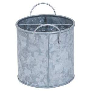 Porta utensilios rústico y portátil de metal galvanizado con tres compartimentos separados y asa superior resistente para la cocina del hogar. - Product Image 3