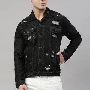 Veste en jean noire personnalisée effet vieilli, effet éclaboussures de peinture et d'encre, poches à rabat sur la poitrine, fermetures à boutons, OEM USA, vente en gros, usine en vrac - Product Image 2