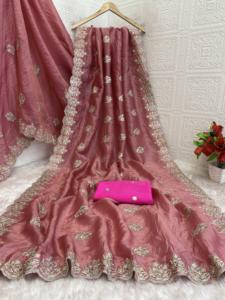 Indian Stunning Gold Crush with Embroidery and Multi Thread Work Fancy Saree for Wedding Occasion and Party for Women Wear - Product Image 6