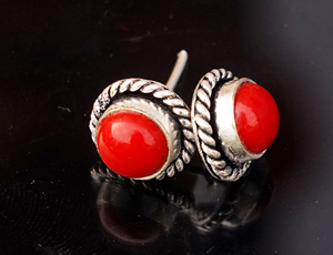 Boho Vintage 925 Sterling <b>Silver</b> Natural Red Coral <b>Stud</b> Earrings Oxidized Round Gemstone Ear <b>Studs</b> - Product Image 2