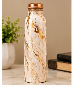 Navy Blue Floral <b>Metal</b> <b>Water</b> <b>Bottle</b> with Copper Lid Portable Travel Drinkware - Product Image 2