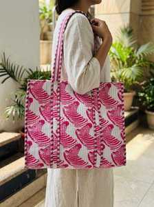 Pink <b>Quilted</b> <b>Tote</b> <b>Bag</b> with Zebra Pattern Open Closure Bohemian Style Cotton Shopping <b>Bag</b> All Seasons Use - Product Image 3