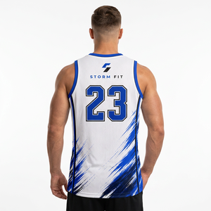 Maillot de basket sublimé Storm Fit pour homme, col en V, sans manches, anti-humidité, 100 % polyester, tenue d'équipe, numéro 23, blanc et bleu - Product Image 2