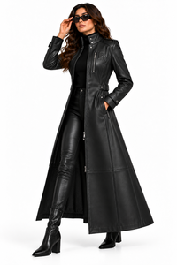 <b>Women's</b> Custom Genuine Sheepskin Leather <b>Long</b> <b>Coat</b> Full Zip Stand Collar Slim Fit Premium <b>Winter</b> Leather Trench <b>Coats</b> for Ladies - Product Image 4