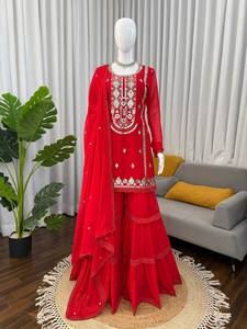 Women's Modern Embroidered Summer Spring Festive <b>Wedding</b> Party Wear Pakistani Salwar Suit Kurta Sharara Dupatta Set - Product Image 2
