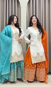 Nouvel ensemble Salwar Kameez Plazzo Dupatta réversible coupe ajustée hiver/été à séchage rapide en pure soie Chinon - Product Image 6