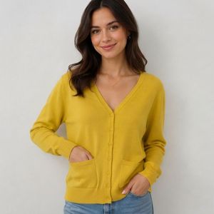 Women's Yellow Knitted V-Neck <b>Cardigan</b> Long Sleeve <b>Button</b> Front Casual Solid Color Pocket Design Regular Fit All Seasons - Product Image 3