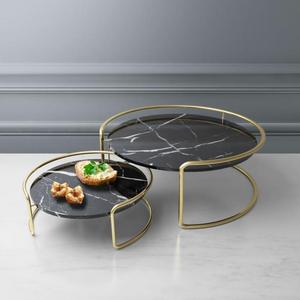 Juego de 2 Soportes para Pastel de Mármol Negro con Marco de Metal Dorado, Soporte para Exhibición de Alimentos, Elegante Bandeja para Pastel de Bodas - Product Image 1