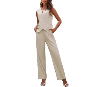 Conjunto Casual de Dos Piezas para Mujer, 100% Algodón, Color Liso, Primavera/Verano, Suéter con Cuello Redondo y Pantalones, Transpirable, de Secado Rápido - Product Image 4