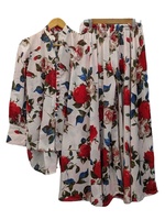 Ensemble jupe palazzo boutonnée taille haute mi-mollet pour femme, élégant, col en V, manches longues, imprimé floral, ajouré, anti-plis, coupe droite
