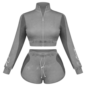 ชุดเซ็ตบอดี้สูทขาสั้นพรีเมียม ผ้าโพลีเอสเตอร์ผสมสแปนเด็กซ์ 320 GSM เนื้อผ้านุ่มยืดหยุ่น สีเทา แจ็คเก็ตครอปพิมพ์ลายโลโก้ตามสั่ง ชุดบอดี้สูทขาสั้นสำหรับผู้หญิง - Product Image 1