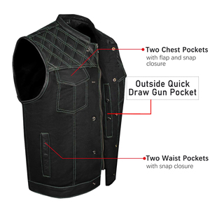 Gilet de motard sans manches en cuir noir pour homme, respirant, avec panneau matelassé et poches avant, toutes saisons - Product Image 3