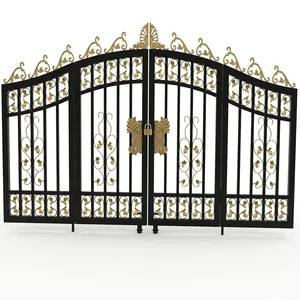 Portail double battant élégant en fer noir avec ornements dorés et motifs floraux pour entrée de villa - Product Image 2