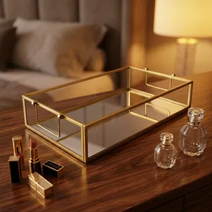 Modern Luxury Lacquered Brass Glass <b>Mirror</b> Storage Tray Rectangle Design Single Tier <b>Vanity</b> Organizer for Bathroom Jewelry - Product Image 4