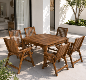 Ensemble de table à manger d'extérieur en teck moderne avec table carrée à lattes et 6 fauteuils pour patio, jardin, villa, hôtel - Product Image 3