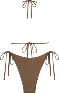 Conjunto de Bikini de 2 Piezas para Mujer, Color Marrón, Top Halter con Lazos Laterales, Parte Inferior Elástica, Traje de Baño de Color Sólido con Detalle de Cordones, Estampado Animal y Logotipo Frontal - Product Image 2