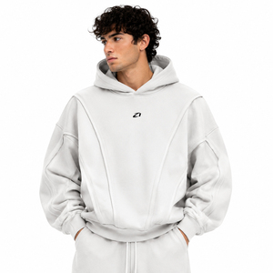 Sudadera con capucha de forro polar lavado para hombre, de marca privada, con diseño de paneles, extragrande, de peso pesado prémium, gris claro, estilo urbano, para invierno - Product Image 1