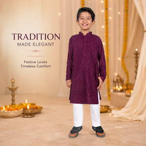 Conjunto Formal de Kurta y Pijama para Niños, con Lentejuelas y Bordados de Rayón |   Camisa Tradicional Étnica de Manga Larga con Cuello Mandarín para Fiestas en India - Product Image 2