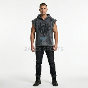 OEM ODM Men Hooded Sleeveless Vest <b>Denim</b> Style Moto Biker <b>Jacket</b> Front Print Regular Length Autumn Cotton Outer Wear in Pakistan - Product Image 6