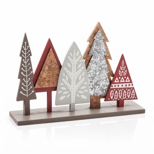 Décoration de table rustique de Noël en bois nordique, avec signe forêt de sapins, en liège et métal, figurine de Noël à poser - Product Image 1
