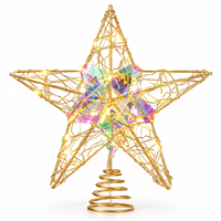 Décor de Noël : Étoile dorée à cinq branches pour le sommet de l'arbre, fonctionnant sur piles, avec centre en cristal holographique et LED blanc chaud