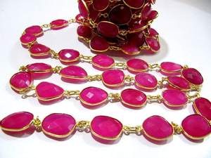 Natural Hot Pink Chalcedony Briolette Faceted Bezel Connector <b>Chain</b> - Product Image 1