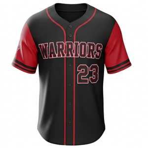 Maillot de baseball personnalisé noir et rouge par sublimation, uniforme d'équipe à boutons, en maille polyester respirante, col en V, manches courtes, pour toutes les saisons - Product Image 1