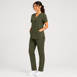 Ensemble de blouses médicales vert olive pour femmes, col en V, uniforme de soins de santé, tenue de travail pour infirmières, haut et pantalon, vente en gros - Product Image 2