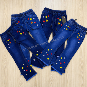 Kids Fashion Wide Leg Denim <b>Jeans</b> With Pink Cartoon Embroidery Canceled Order Bangladesh Garment Surplus Unisex Kids Denim Pants - Product Image 2