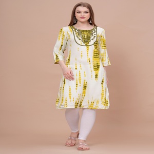 <b>Women</b> Yellow Tie Dye Printed Kurti with , 3/4 Sleeves Casual Ethnic Wear Straight <b>Kurta</b> for Daily Wear . - Product Image 1