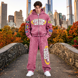 Ensemble sweat à capuche et pantalon de survêtement en coton délavé personnalisé pour homme, fermeture éclair intégrale, coupe oversize, épais, tenue décontractée streetwear - Product Image 6