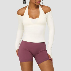 Custom Women's Wear Clothes Design Off Shoulder Long Sleeve Shirt Compression High Stretch <b>Thumb</b> Hole <b>Cuffs</b> Rib Material - Product Image 6
