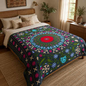 Couvre-lit en coton Suzani fait main exclusif, gris foncé, rose, bleu, broderie florale, style bohème, artisanat indien, décoration d'intérieur - Product Image 1