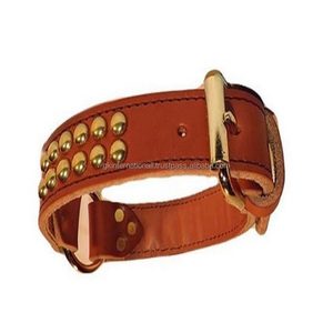 Collier de chien en cuir flexible épais noir ou marron avec 2 rangées de taches en laiton massif et boucle à rouleau et anneau en D pour chien - Product Image 6