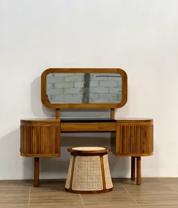 Table de toilette en teck avec miroir ovale et tabouret en rotin tressé pour chambre à coucher - Product Image 2