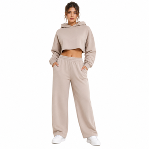 Ensemble de survêtement 2 pièces beige pour femme, sweat à capuche et pantalon long en molleton de coton uni, coupe ample, manches longues, avec poches - Product Image 1