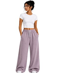 Dusty Mauve <b>Women</b> Wide Leg Sweatpants High Waist Loose Fit Casual Streetwear Lounge <b>Fleece</b> <b>Trousers</b> With Drawstring Pockets - Product Image 1