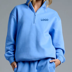 Sudadera Casual de Algodón y Forro Polar para Mujer, Color Beige Sólido, con Cierre de Cremallera de Cuarto, Hombros Caídos, Talla Grande, con Logotipo Personalizado - Product Image 4