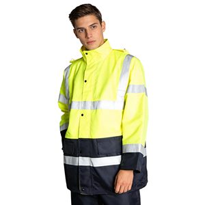 Combinaison de travail unisexe bleu foncé avec bordure orange, bretelles réglables, plusieurs poches, usage industriel, polyester, certifiée CE, résistante aux perforations - Product Image 1