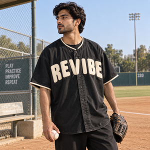 Custom Men's Oversized Baseball Style Jersey Washed <b>Black</b> <b>Button</b> Up Shirt Embroidered Logo Private Label OEM Manufacturer - Product Image 1