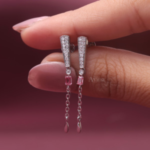 Boucles d'oreilles pendantes en or blanc/rose et or jaune 14 carats avec diamant rose taille émeraude cultivé en laboratoire certifié IGI et chaîne à pampilles - Product Image 3
