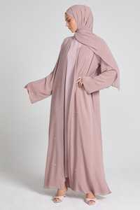 Elegant Dusty Pink Embroidered <b>Abaya</b> With Matching Hijab For Women Modest Floor Length Long Sleeve Viscose Dress - Product Image 5