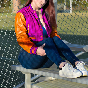 Veste courte universitaire pour femme, style bomber Letterman, rose, magenta, orange, manches en similicuir, vêtement d'extérieur décontracté, mode féminine - Product Image 1